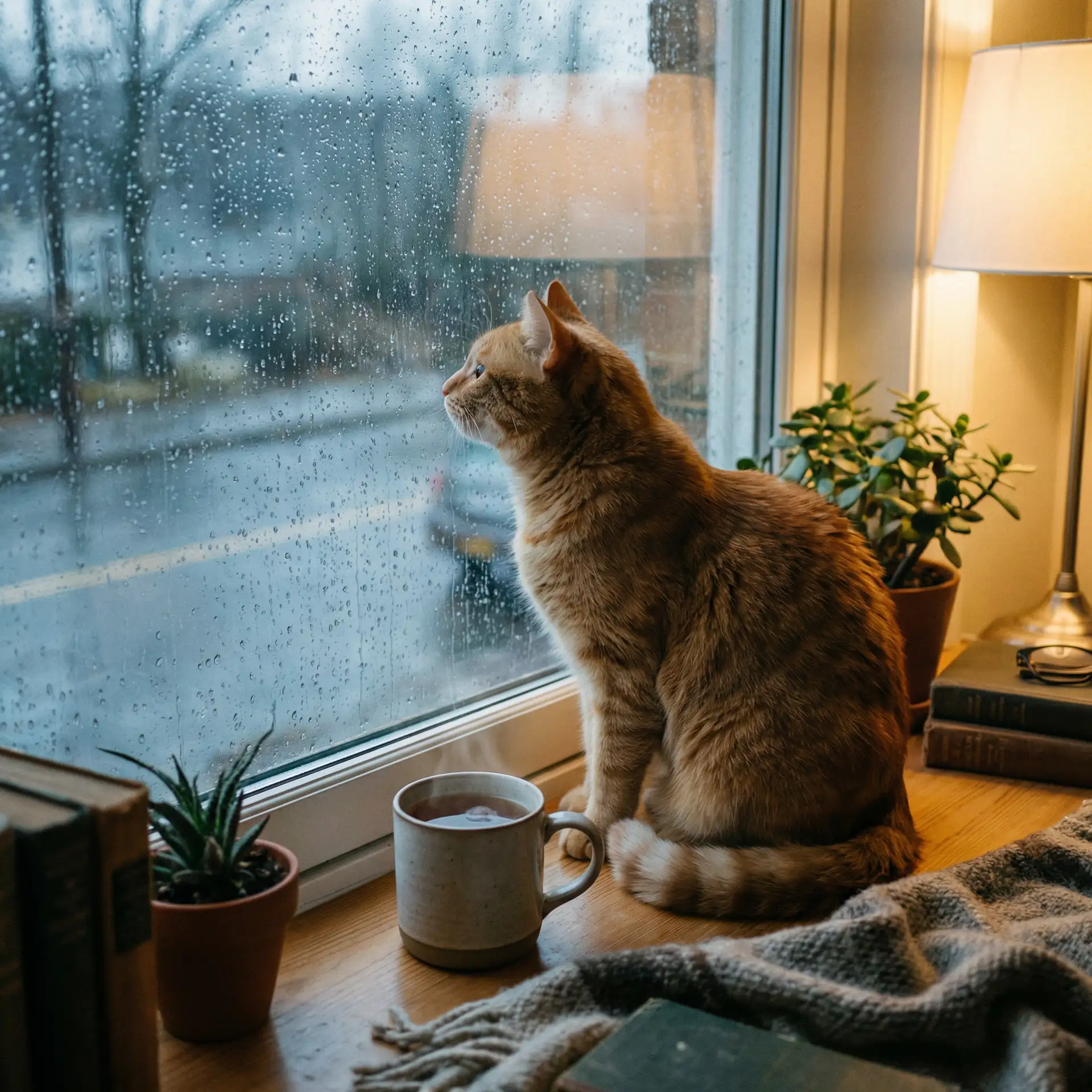 猫咪望着窗外的雨 - 赛车总动员2电影